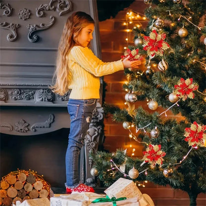 Glitter Christmas Flower Ornaments – 5/10pcs 14.5cm Pink, Red & Gold Artificial Tree Décor