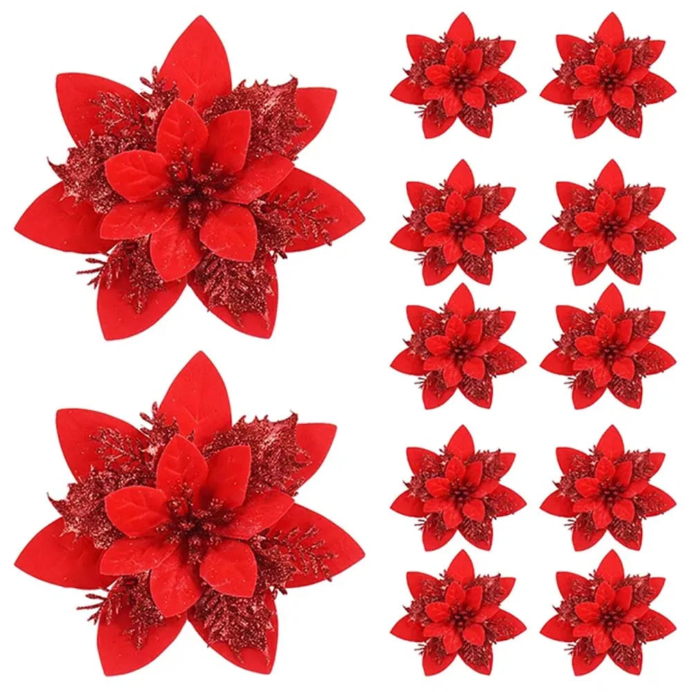 Glitter Christmas Flower Ornaments – 5/10pcs 14.5cm Pink, Red & Gold Artificial Tree Décor
