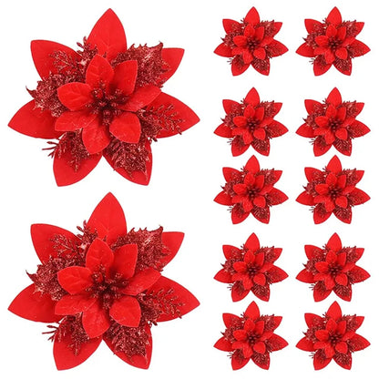 Glitter Christmas Flower Ornaments – 5/10pcs 14.5cm Pink, Red & Gold Artificial Tree Décor