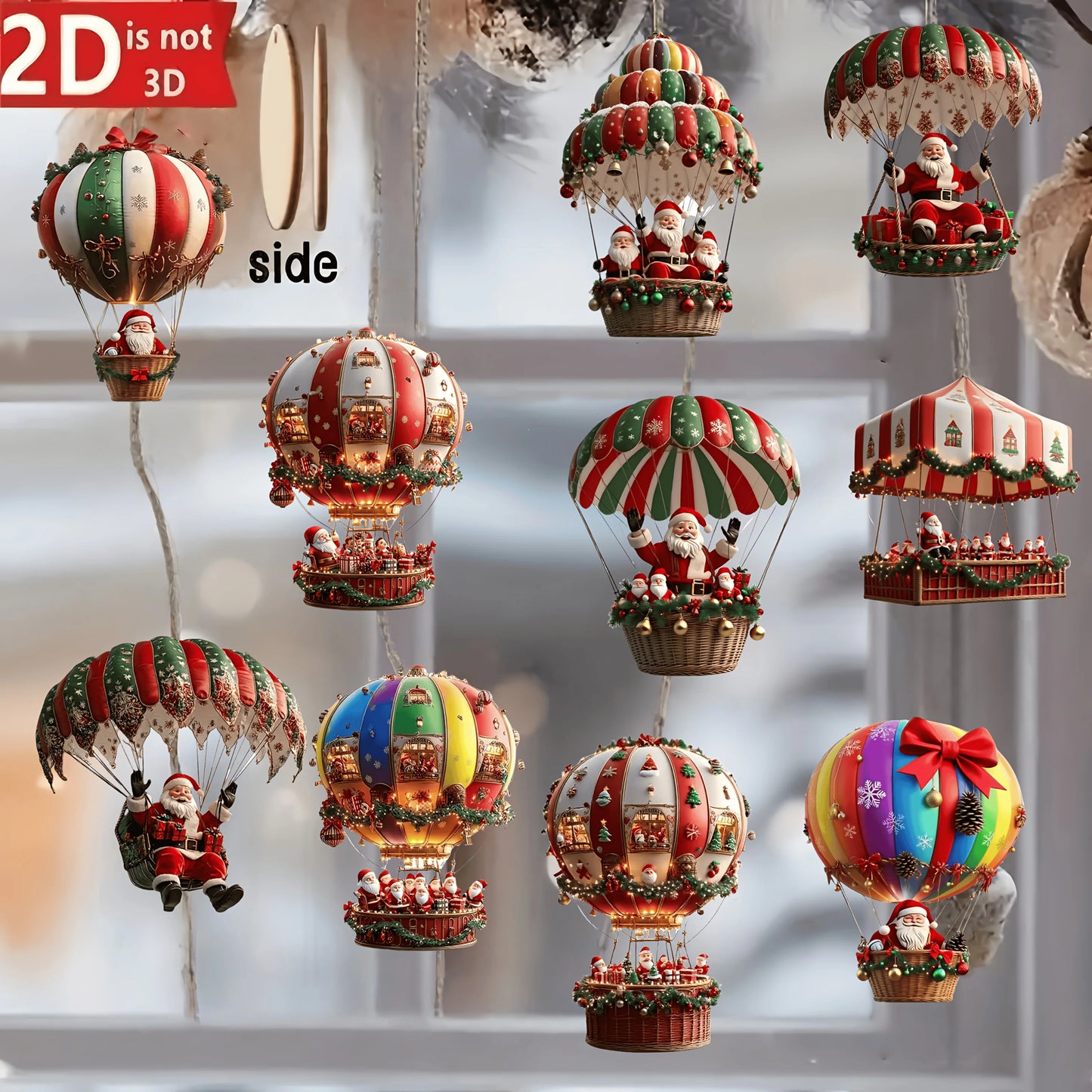 Santa Claus Hot Air Balloon Wooden Set – 10pcs 2D Christmas Tree Décor Gift