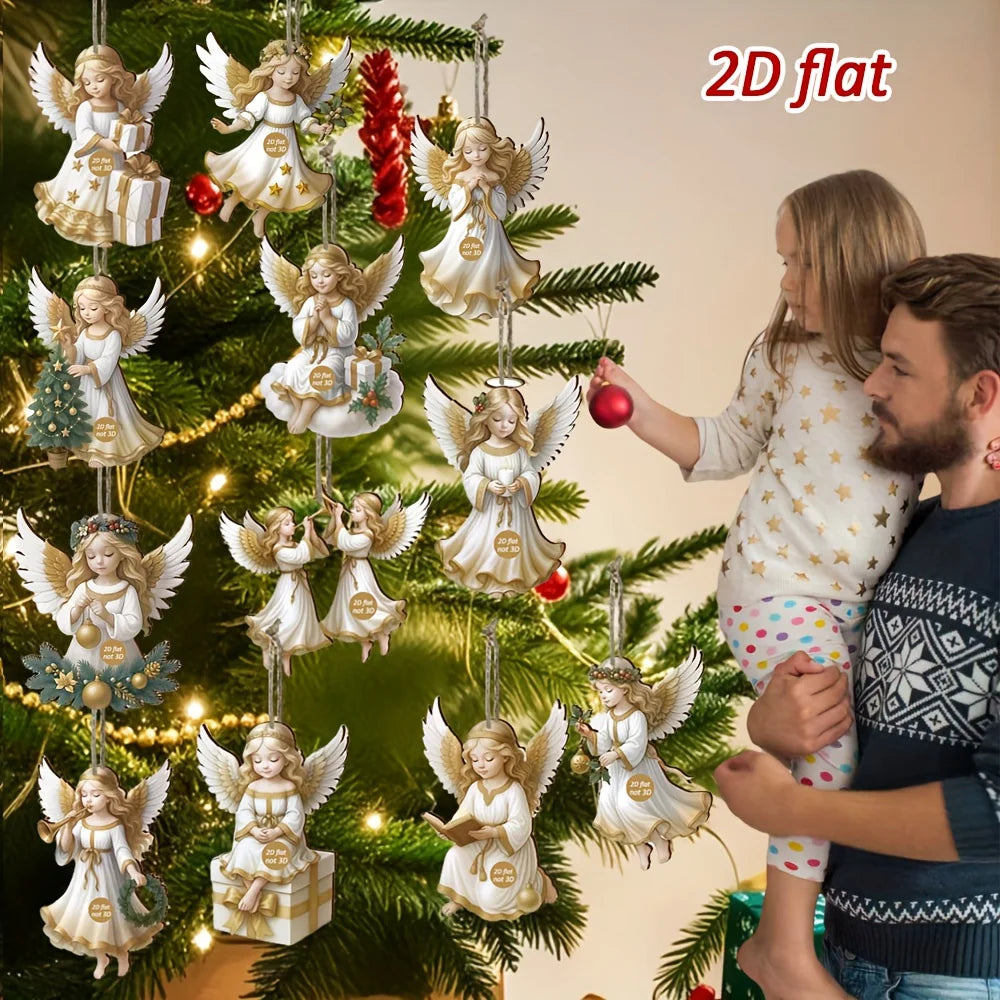 Vintage Wooden White Angel Ornaments – 12pcs Christmas Tree Hanging Pendants