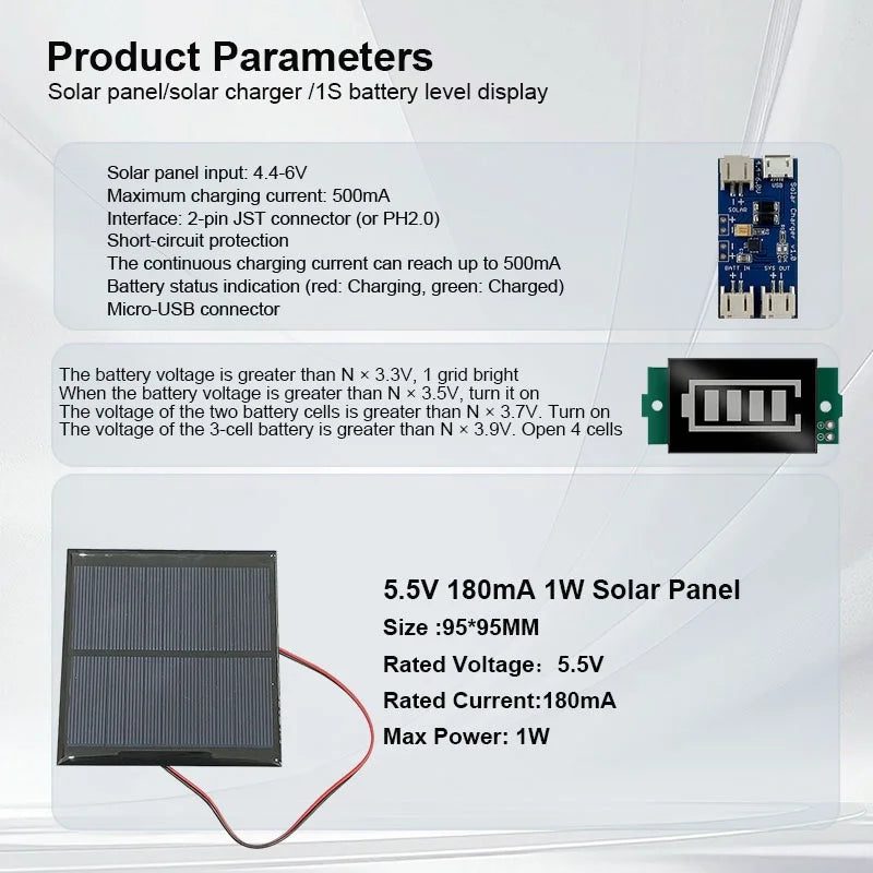 DIY 5V Solar Power Cell Kit – 160mA–500mA Panel with 1A Lithium Charging Controller