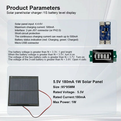 DIY 5V Solar Power Cell Kit – 160mA–500mA Panel with 1A Lithium Charging Controller