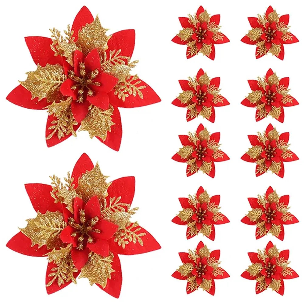 Glitter Christmas Flower Ornaments – 5/10pcs 14.5cm Pink, Red & Gold Artificial Tree Décor