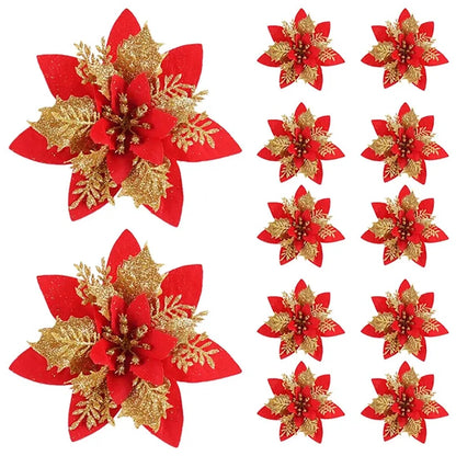 Glitter Christmas Flower Ornaments – 5/10pcs 14.5cm Pink, Red & Gold Artificial Tree Décor