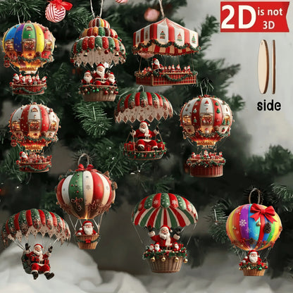 Santa Claus Hot Air Balloon Wooden Set – 10pcs 2D Christmas Tree Décor Gift