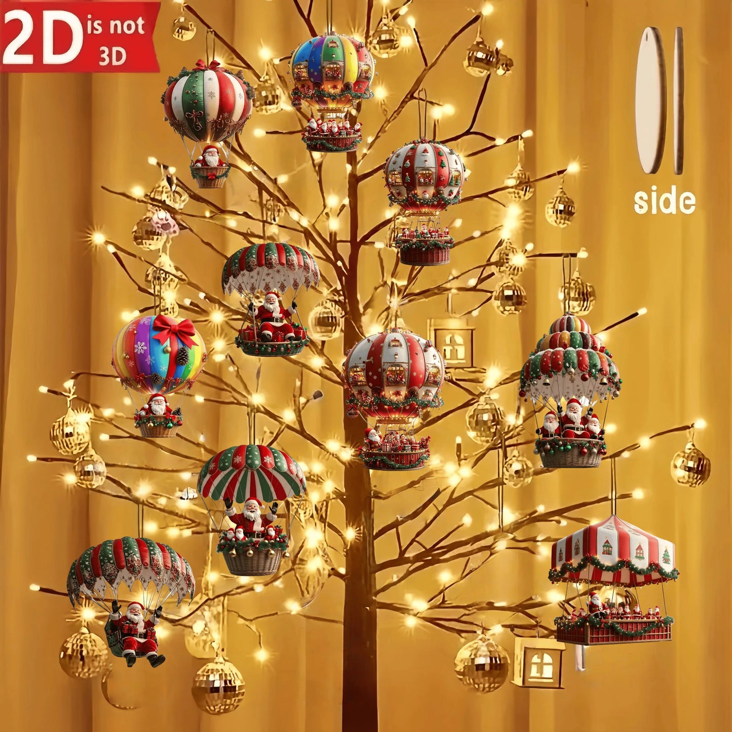 Santa Claus Hot Air Balloon Wooden Set – 10pcs 2D Christmas Tree Décor Gift