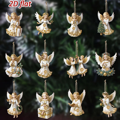 Vintage Wooden White Angel Ornaments – 12pcs Christmas Tree Hanging Pendants