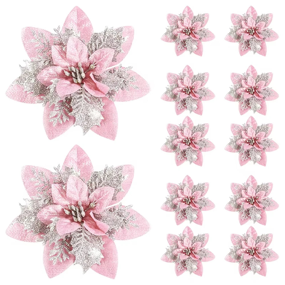 Glitter Christmas Flower Ornaments – 5/10pcs 14.5cm Pink, Red & Gold Artificial Tree Décor
