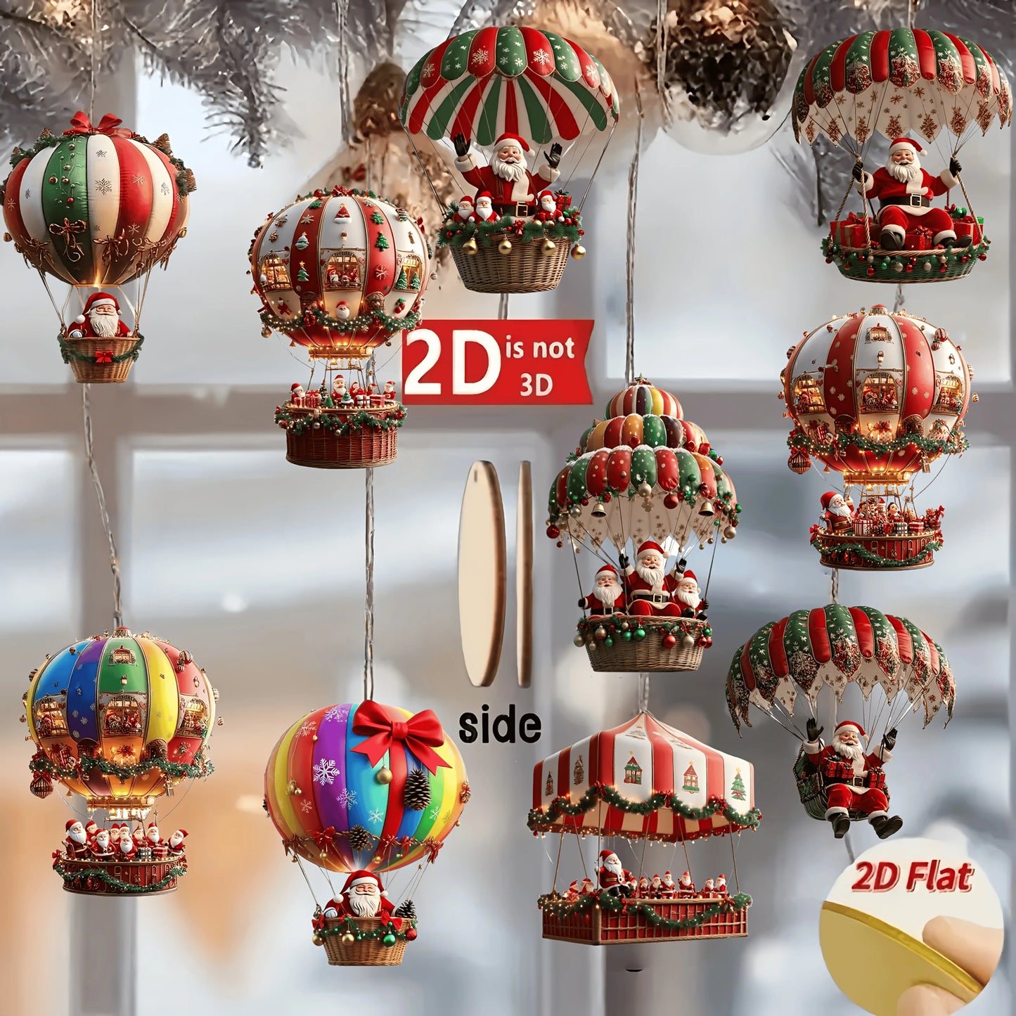 Santa Claus Hot Air Balloon Wooden Set – 10pcs 2D Christmas Tree Décor Gift