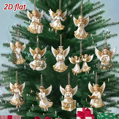 Vintage Wooden White Angel Ornaments – 12pcs Christmas Tree Hanging Pendants