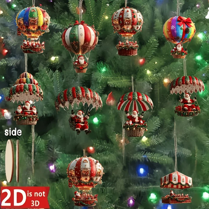 Santa Claus Hot Air Balloon Wooden Set – 10pcs 2D Christmas Tree Décor Gift
