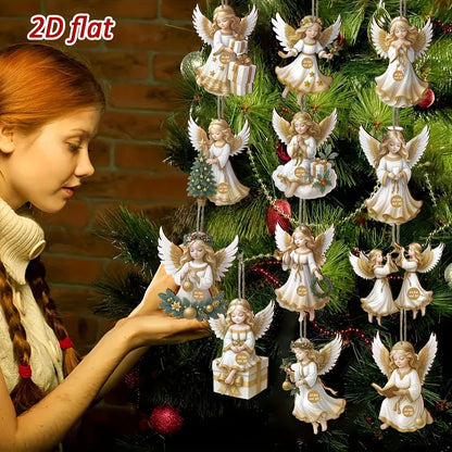 Vintage Wooden White Angel Ornaments – 12pcs Christmas Tree Hanging Pendants