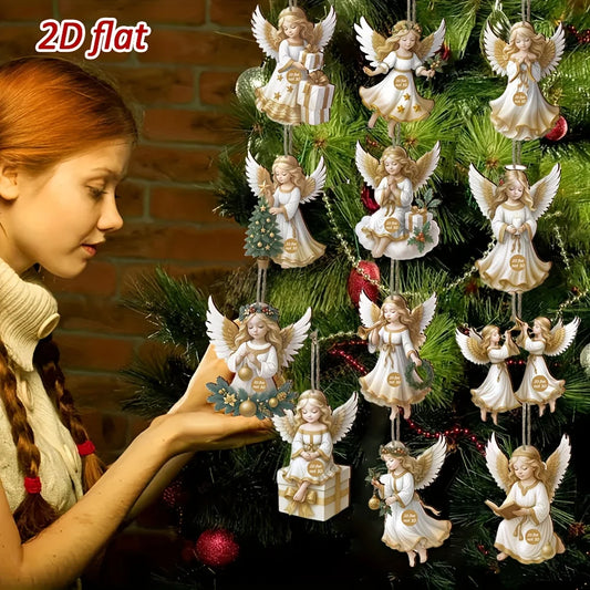 Vintage Wooden White Angel Ornaments – 12pcs Christmas Tree Hanging Pendants