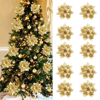 Glitter Christmas Flower Ornaments – 5/10pcs 14.5cm Pink, Red & Gold Artificial Tree Décor