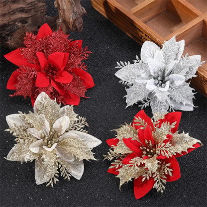 Glitter Christmas Flower Ornaments – 5/10pcs 14.5cm Pink, Red & Gold Artificial Tree Décor